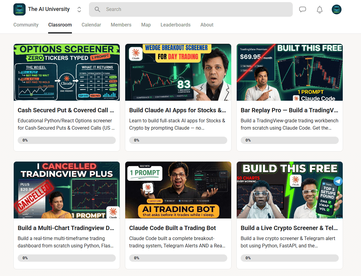 The AI University classroom on Skool, listing courses for each build — the options screener, the breakout screener, the multi-chart dashboard and the trading bot.